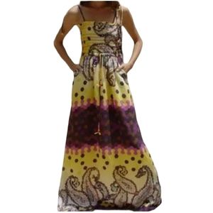 Chelsea & Violet Silk Smocked Gold & Purple Maxi Dress, Ties, Pockets, sz S